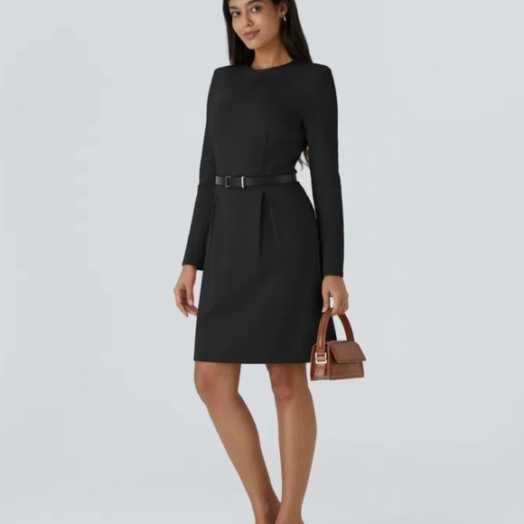 Halara Round Neck Shoulder Pad Long Sleeve Hem Slim Classic Dress - Picture 1 of 3